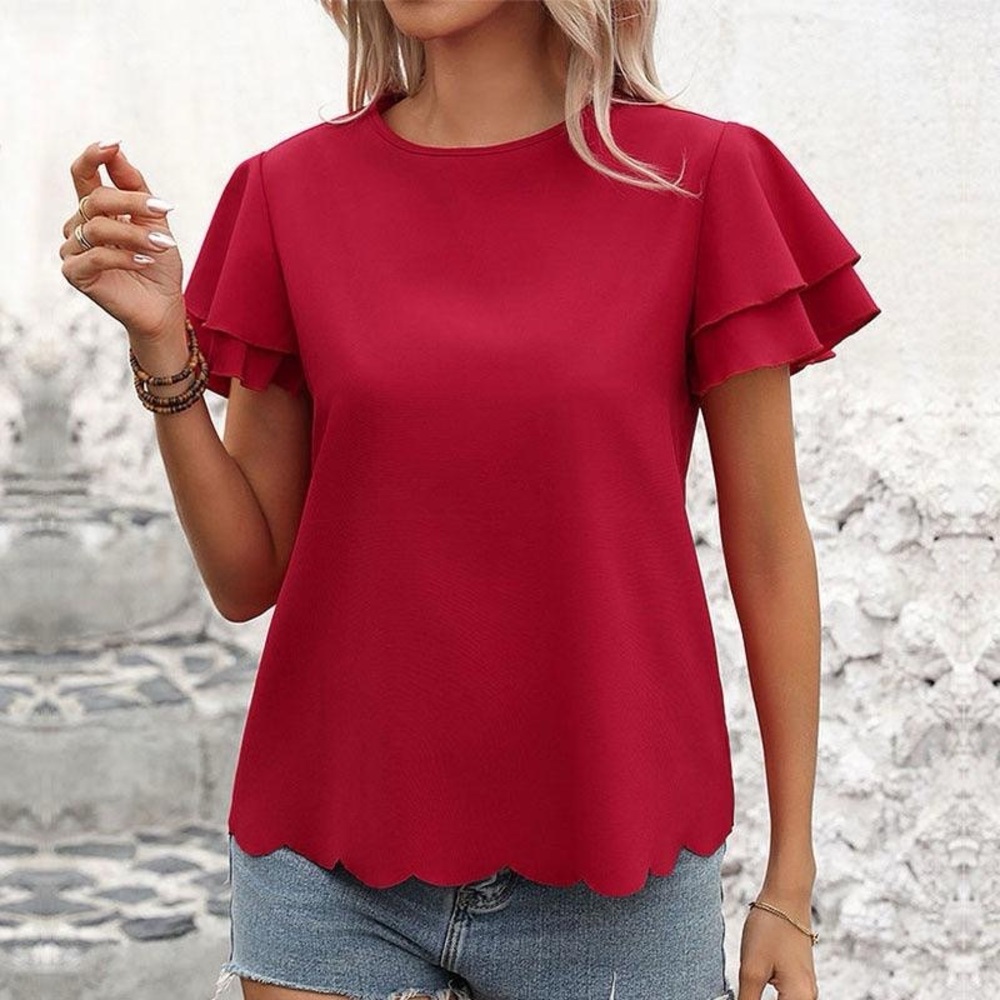 Women’s Red Ruffle Sleeve Scallop Hem Top